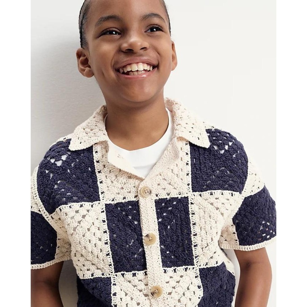 J. Crew Crewcuts Kids' short-sleeve checker crochet camp shirt Navy Cream‎ XS
